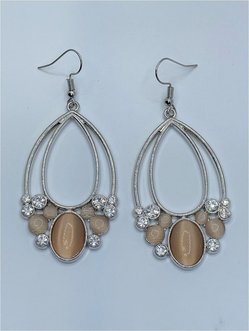 Silver Tone Cat Eye Crystal Teardrop Dangle Earrings Statement